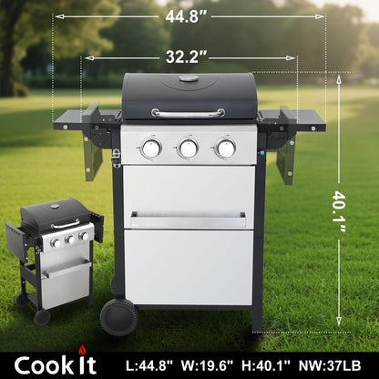 COOKIT 3-Burner Propane Gas Grill with 30,000 BTU Output - Enamel Cooking Grids, Easy-Clean Grease Management & Even Heat Distribution for Perfect BBQs (3-Burner)