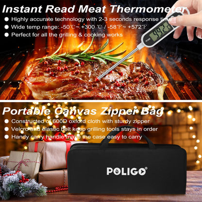 POLIGO 29 PCS BBQ Grill Accessories Stainless Steel BBQ Tools Grilling Tools Set with Storage Bag for Fathers Day Dads Birthday Presents - Camping Grill Utensils Set Ideal Grilling Gifts for Men Women