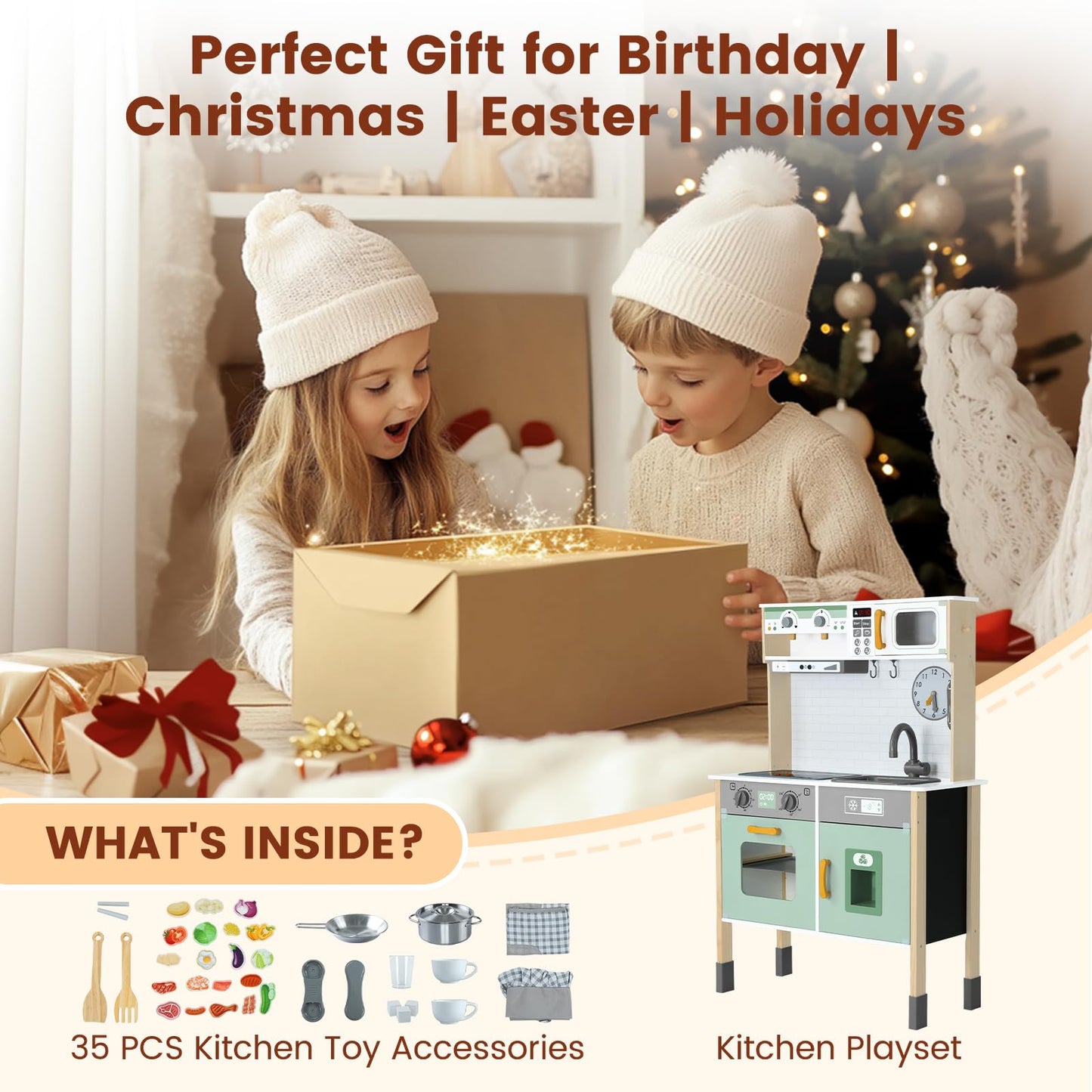 Uiirvdy Play Kitchen Wooden Kids Kitchen Playset Pretending Toys for Toddlers with Real Lights & Sounds, 3 Heights Adjustable, Chalkboard, 35Pcs Toy Food & Cookware Accessories-Green