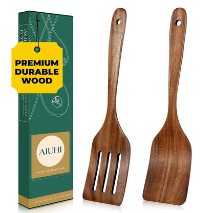 AIUHI Teak Wood Spatula for Cooking, Durable Flat Turner and Slotted Spatula for Nonstick Cookware, Long Handle Natural Wooden Cooking Utensils 2 Pieces
