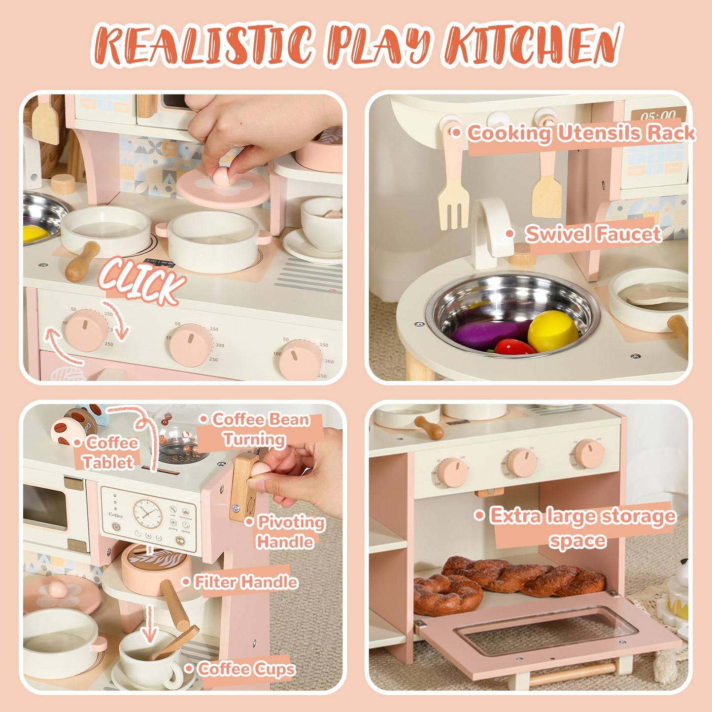 Wooden Kitchen Playset for Kids Ages 3-8, Pretend Play Kitchen for Toddlers with Realistic Design, Cooking Accessories, Coffee Maker, Oven, Microwave, Sink - Small