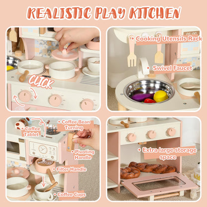 Wooden Kitchen Playset for Kids Ages 3-8, Pretend Play Kitchen for Toddlers with Realistic Design, Cooking Accessories, Coffee Maker, Oven, Microwave, Sink - Small