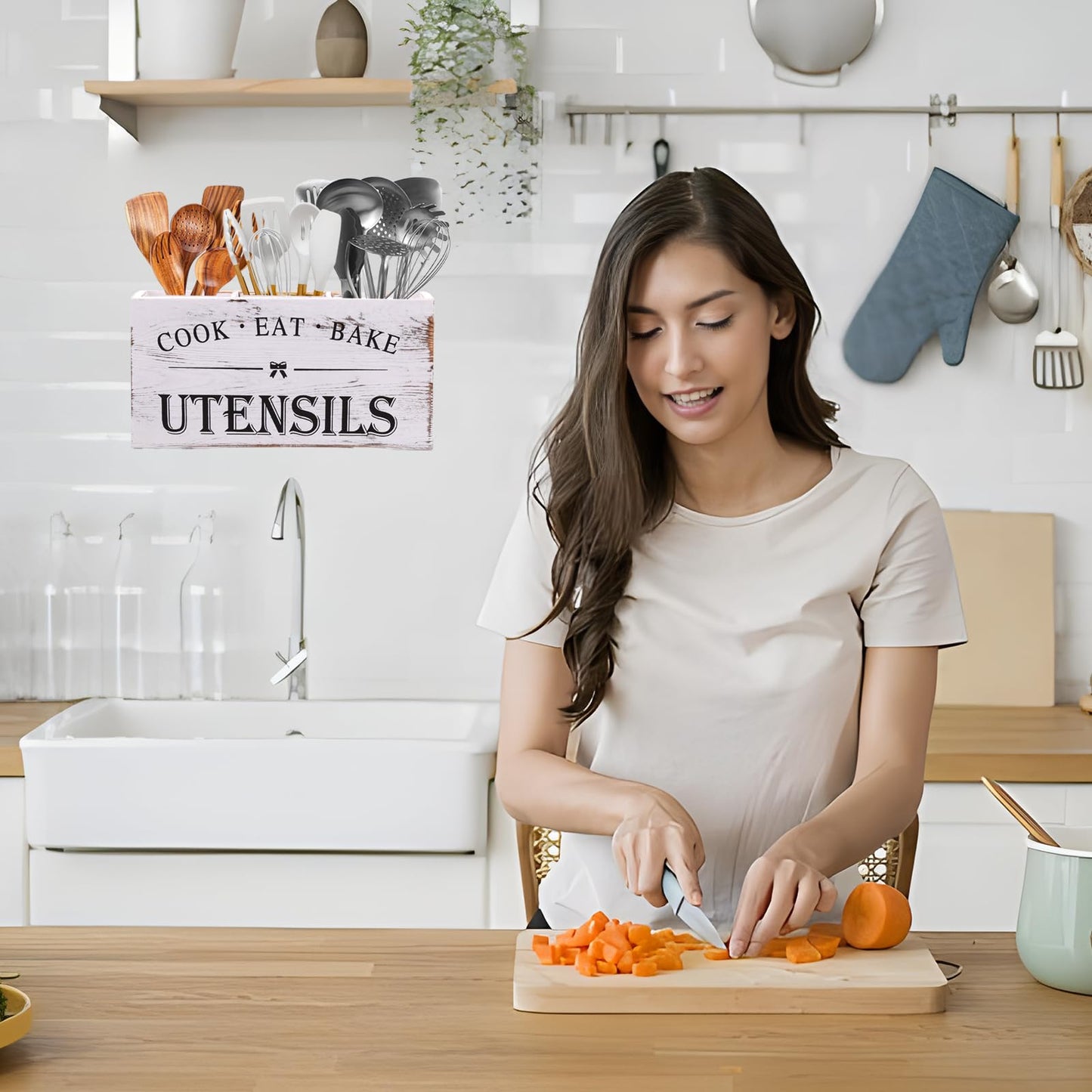 Kuatrck Rodelna Wooden Utensil Holder, Large Utensil Organizer for Kitchen Counter, Wood Utensil Crock for Countertop with 3 Compartments, Rustic Container Farmhouse Kitchen Decor - White