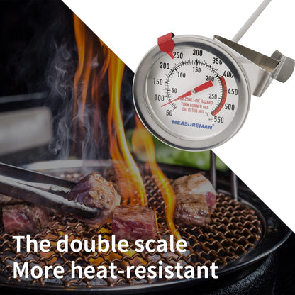 MEASUREMAN Deep Fry Thermometer 2"" dial Size, 12"" Stainless Steel Stem, Stainless Steel Adjustable clamp, Back red Reset Clip on Bezel, Tempered Glass Window, 50-550F/C, Accuracy: +/-2%",2 Pack