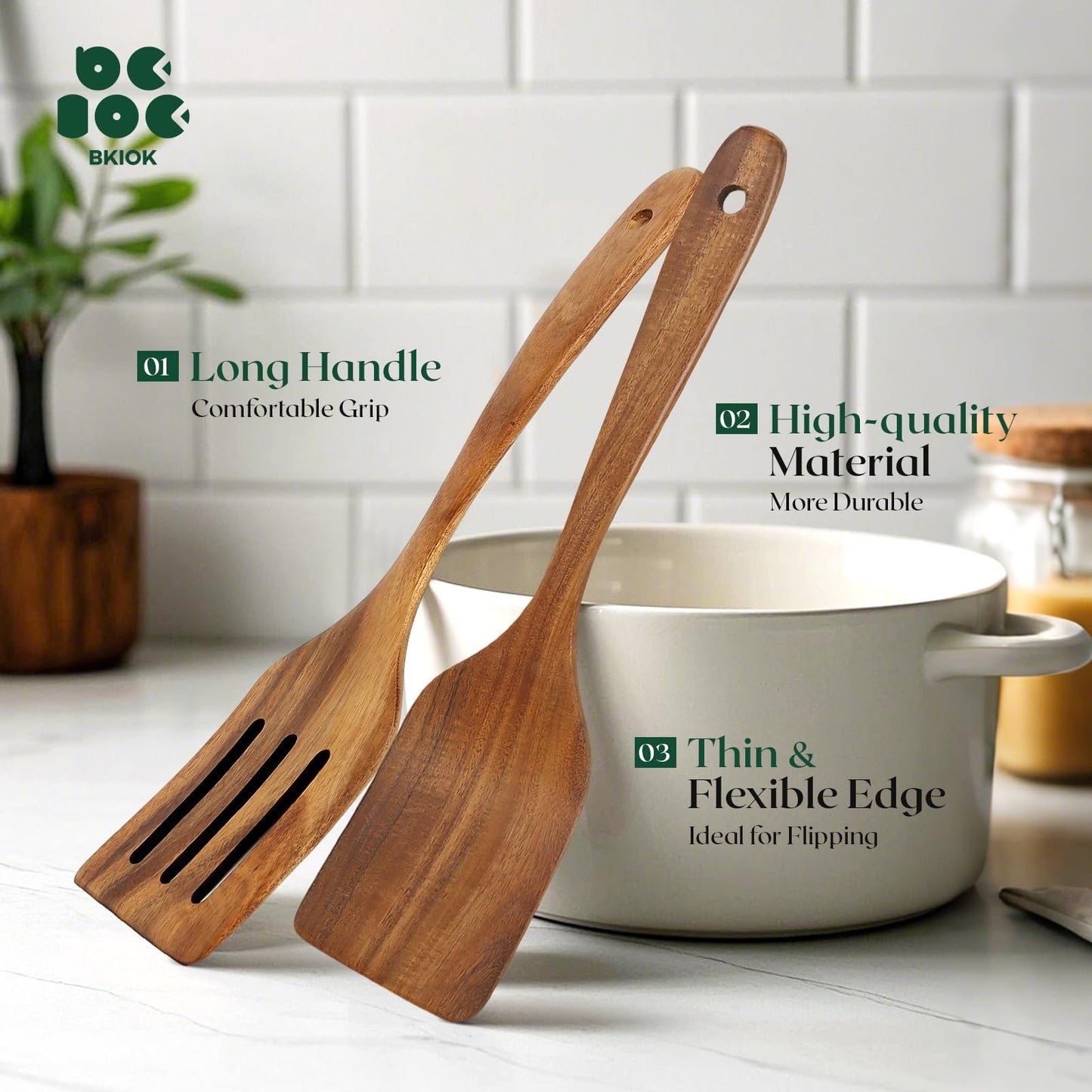 Bkiok Wooden Spatulas for Cooking, Teak Turner & Slotted Spatula Set for Nonstick Pans, Comfortable Grip Wooden Cooking Spatula (2Pcs)
