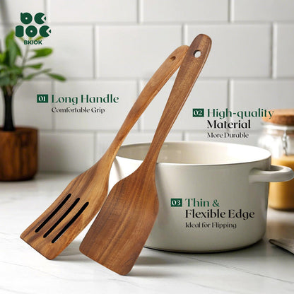 Bkiok Wooden Spatulas for Cooking, Teak Turner & Slotted Spatula Set for Nonstick Pans, Comfortable Grip Wooden Cooking Spatula (2Pcs)