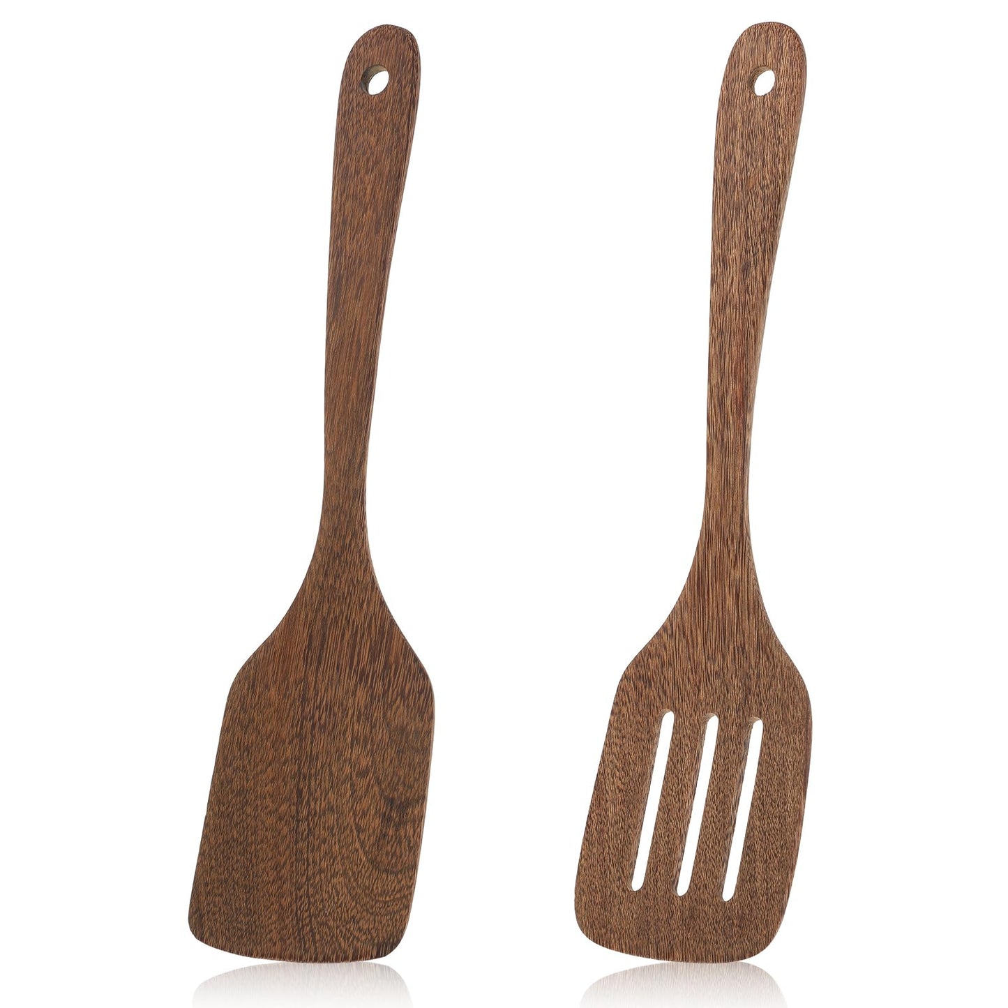 2Pcs Wooden Spatula for Cooking, 12'' Long Handle Nonstick Turner Acacia Natural Teak Wood Flat Spatulas Handmade Non Toxic Cooking Spurtle Utensils for Kitchen Gifts, Cooking Eggs, Fish, Pancakes