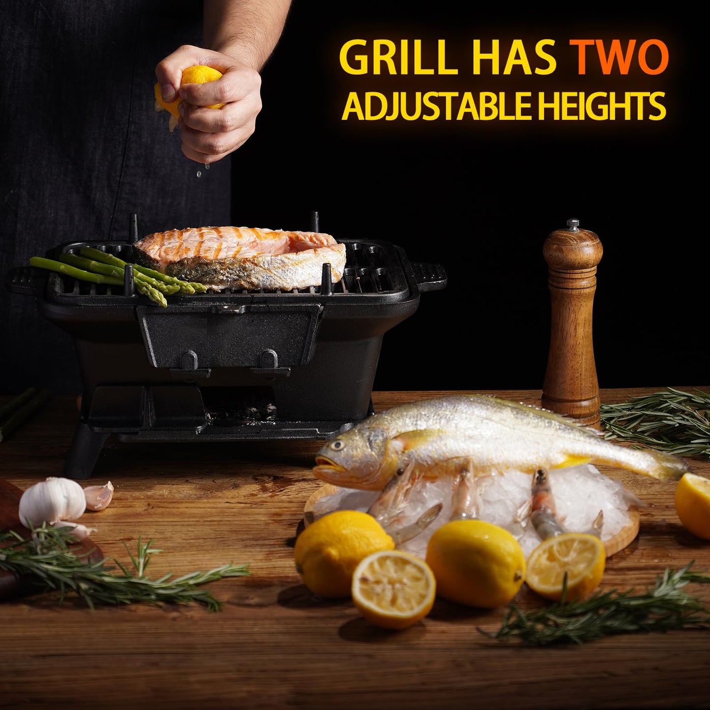 Hibachi Grill Outdoor, Portable Small Charcoal Grills, 100% Cast Iron, Mini Japanese Yakitori Tabletop Skillet Grill Stove for Outdoor Camping - Coal Door, Draft Door