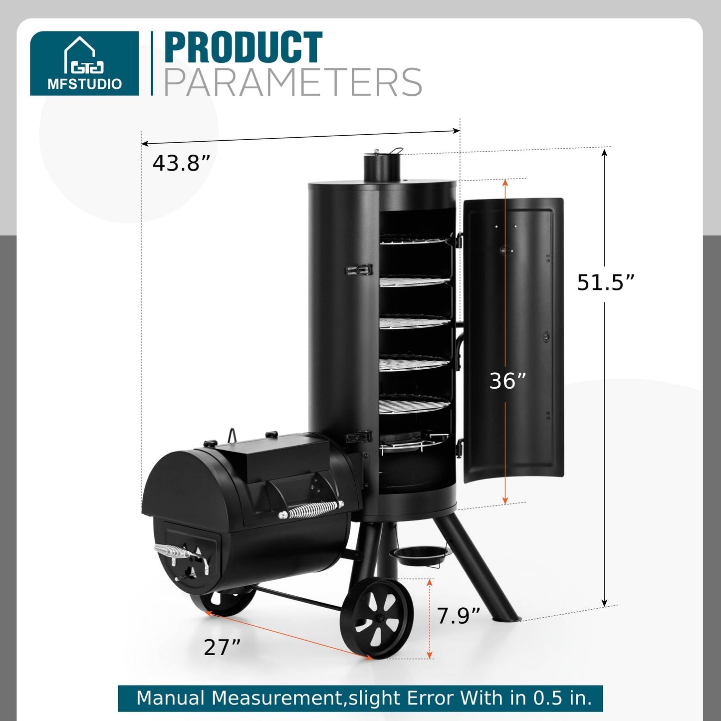 MFSTUDIO Vertical Offset Smoker Charcoal Grill,Extra Large BBQ Barrel Grills and Drum Smoker Combo with hanging racks and 5 removable grates for Smoking,ourdoor barbecue cooking,961 SQ.IN.Area