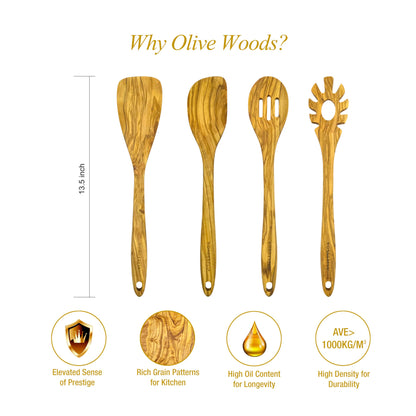 WONDERFUL 4 Pcs Olive Wooden Spoons for Cooking - 13.5 Inch Long, Set with Spatula, Corner Spoon, Slotted Spoon, Spaghetti and Pasta Server with Measurer…