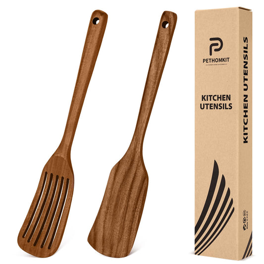 Wooden Spatula for Cooking,2 Pcs Teak Acacia Wooden Kitchen Utensils Set,Natural Wood Spatulas for Non-Stick Frying Pan,Slotted Solid Wood Flippers Turner,Kitchen Essentials,13.3”