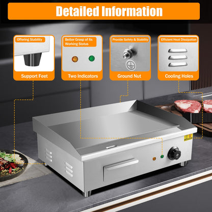 Commercial Electric Griddle, 22", 3000W Countertop Flat Top Griddle, Stainless Steel Teppanyaki Grill, 122-572℉ Adjustable Temp Control - Indoor Outdoor Cooking Plates for Pancake Barbecue