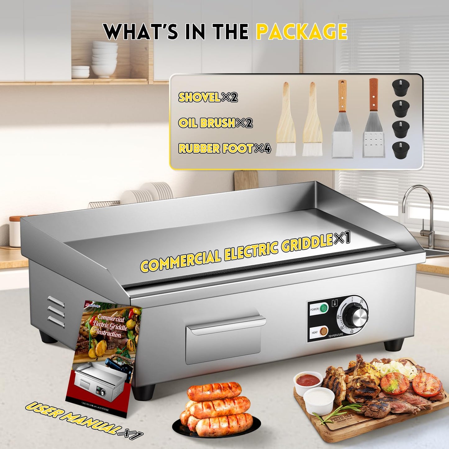 Moogiantgo Commercial Electric Griddle 22’’, 1600W Non-Stick Countertop Flat Top Grill Stainless Steel, Removable Oil Box, Adjustable Temperature 0-300℃, Teppanyaki Grill for Restaurant Kitchen, 110V