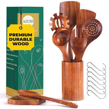 AIUHI 9pcs Wooden Spoons for Cooking, Wooden Kitchen Utensils, Teak Wood Spatulas Utensils set