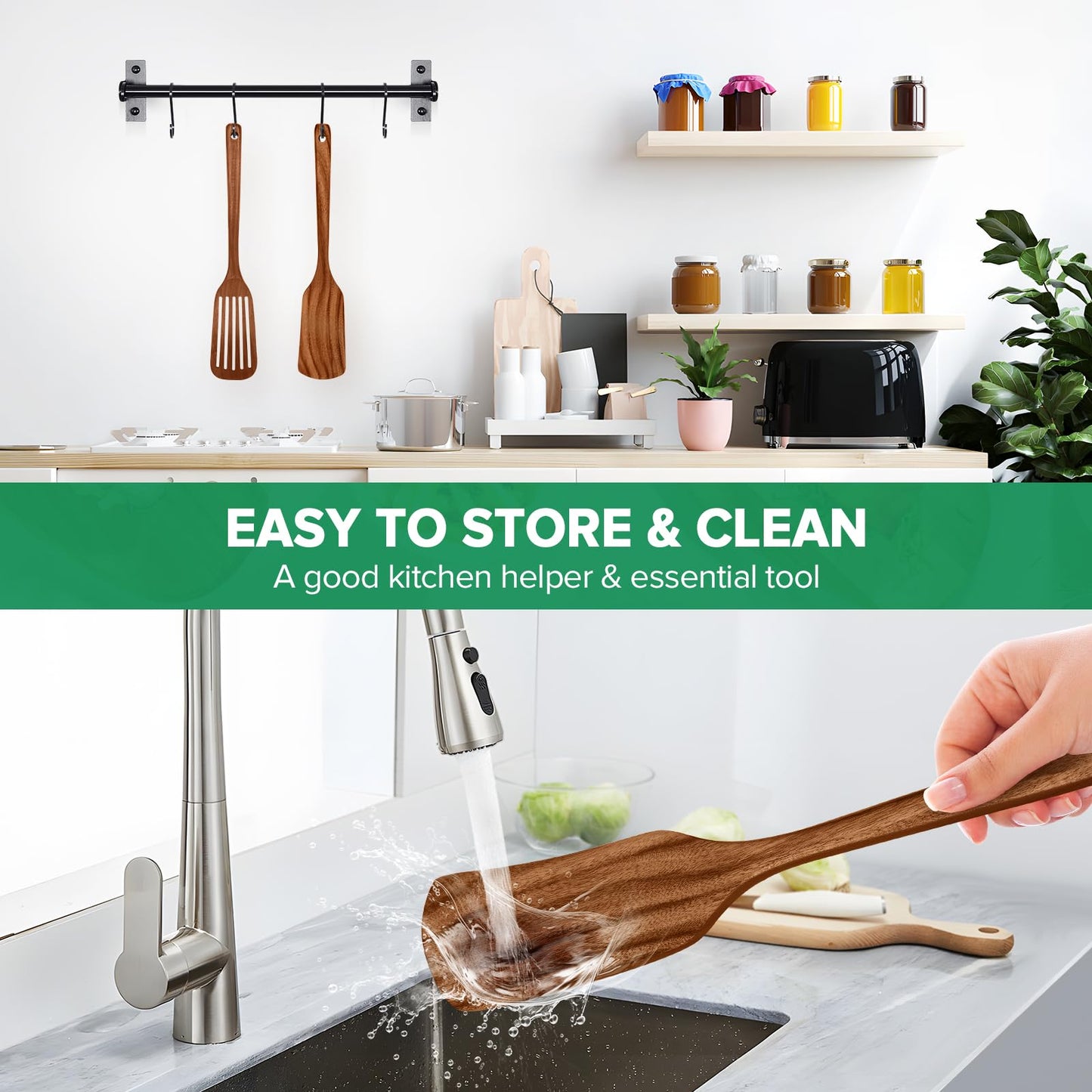 Wooden Spatula for Cooking,2 Pcs Teak Acacia Wooden Kitchen Utensils Set,Natural Wood Spatulas for Non-Stick Frying Pan,Slotted Solid Wood Flippers Turner,Kitchen Essentials,13.3”