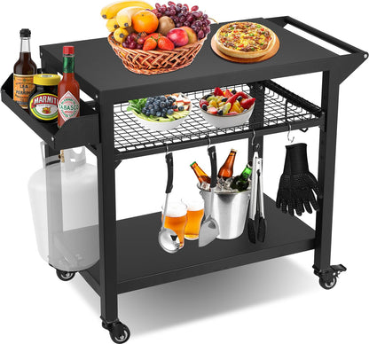 Spurgehom Grill Cart, Pizza Oven Stand Table with Wheels, Outdoor Movable Kitchen Cooking Prep Table BBQ Cart with Mesh Racks for Home Party, Bar, Camping
