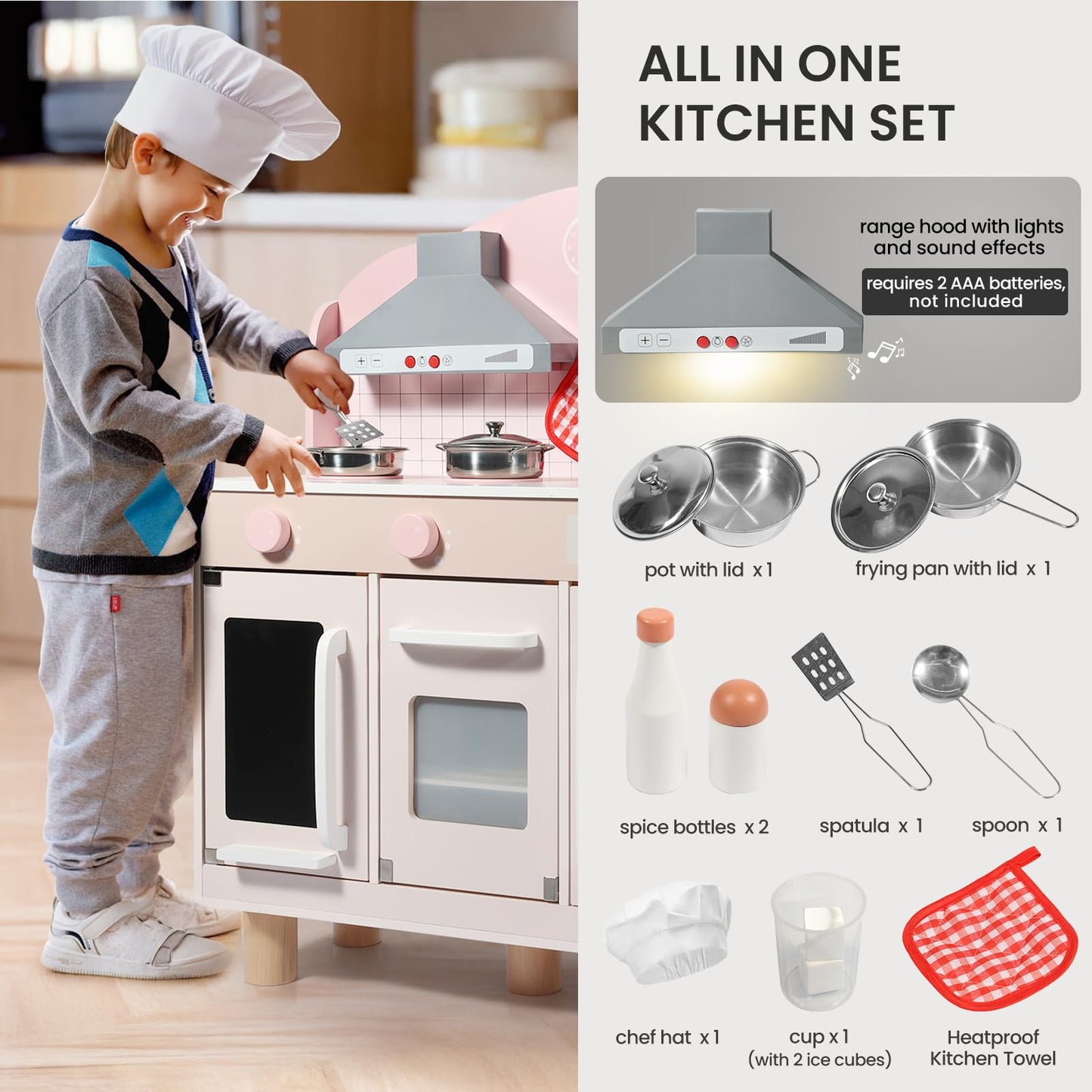 Bluewood Wooden Kids Kitchen Playset,Pretend Toy Kitchen for Toddlers Ages 3-8, with Lights, Sound, Oven, Ice Maker, Sink & Storage – Montessori Indoor Role Play Gift