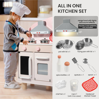 Bluewood Wooden Kids Kitchen Playset,Pretend Toy Kitchen for Toddlers Ages 3-8, with Lights, Sound, Oven, Ice Maker, Sink & Storage – Montessori Indoor Role Play Gift