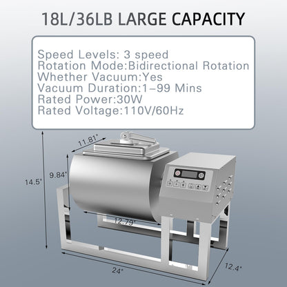 Hakka Meat Tumbler Marinator, 36lb/18L Vacuum Tumbler Marinating Machine for Jerky Sausage Bacon Stainless Steel Food-Grade Tumbling Marinator w/Bidirectional Rotation & 3-Speed Control