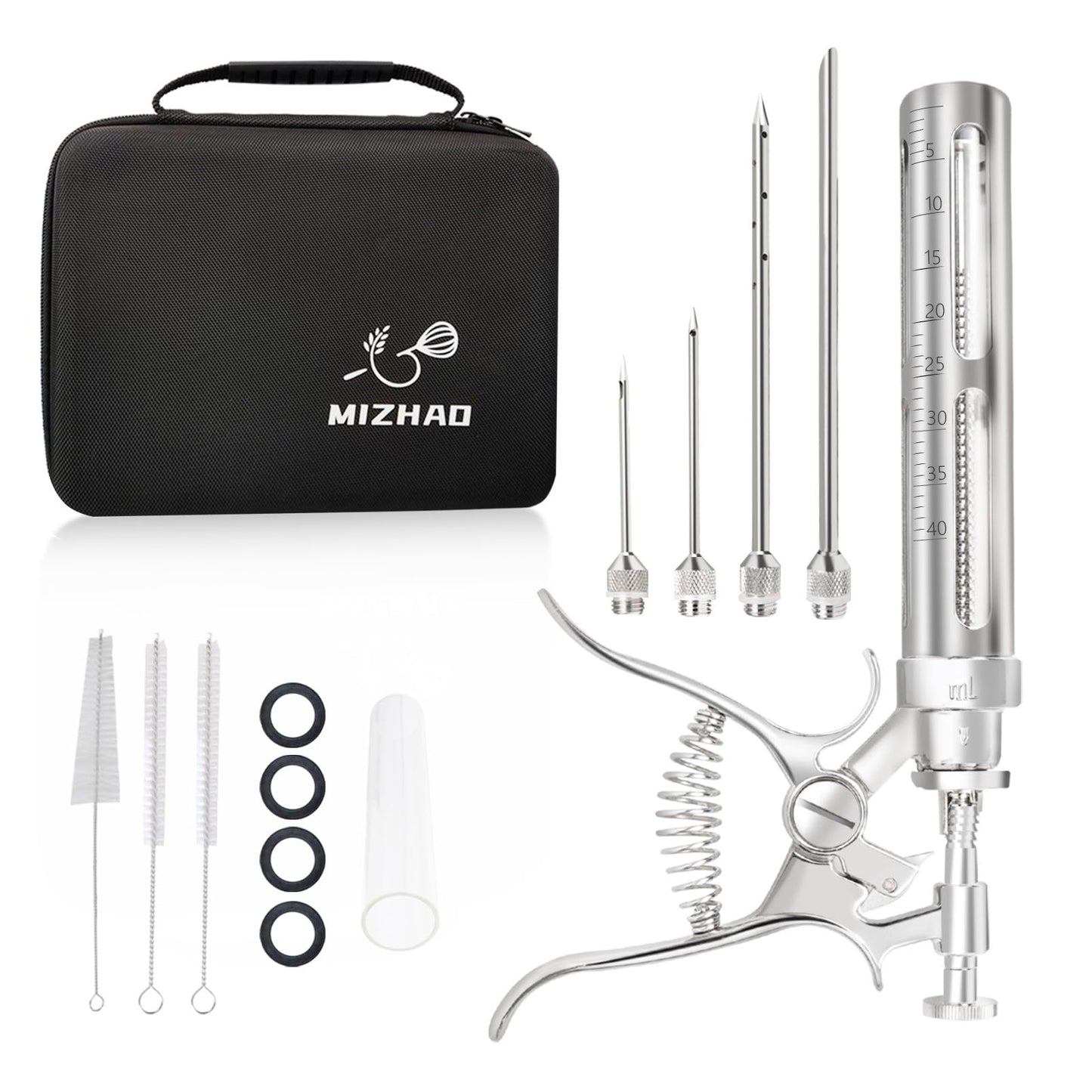 Premium Meat Injector Kit - Stainless Steel Marinade Syringe with 4 Needles, Leak-Proof, Food-Grade Injector for BBQ, Turkey, Chicken, and Grilling – Includes Bonus Glass Tube(9.1in)