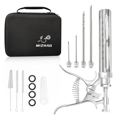 Premium Meat Injector Kit - Stainless Steel Marinade Syringe with 4 Needles, Leak-Proof, Food-Grade Injector for BBQ, Turkey, Chicken, and Grilling – Includes Bonus Glass Tube(9.1in)