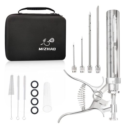 Premium Meat Injector Kit - Stainless Steel Marinade Syringe with 4 Needles, Leak-Proof, Food-Grade Injector for BBQ, Turkey, Chicken, and Grilling – Includes Bonus Glass Tube(9.1in)