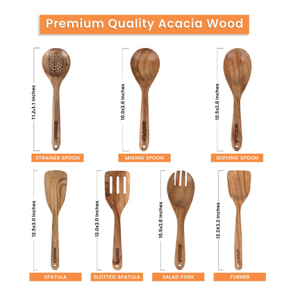 Woodalo Acacia Wooden Kitchen Utensil Set - 7 Pieces – Premium Handcrafted Cooking Spoons & Spatulas, Eco-Friendly, Nonstick Cookware Safe, Ergonomic Design, Ideal for Cooking & Serving