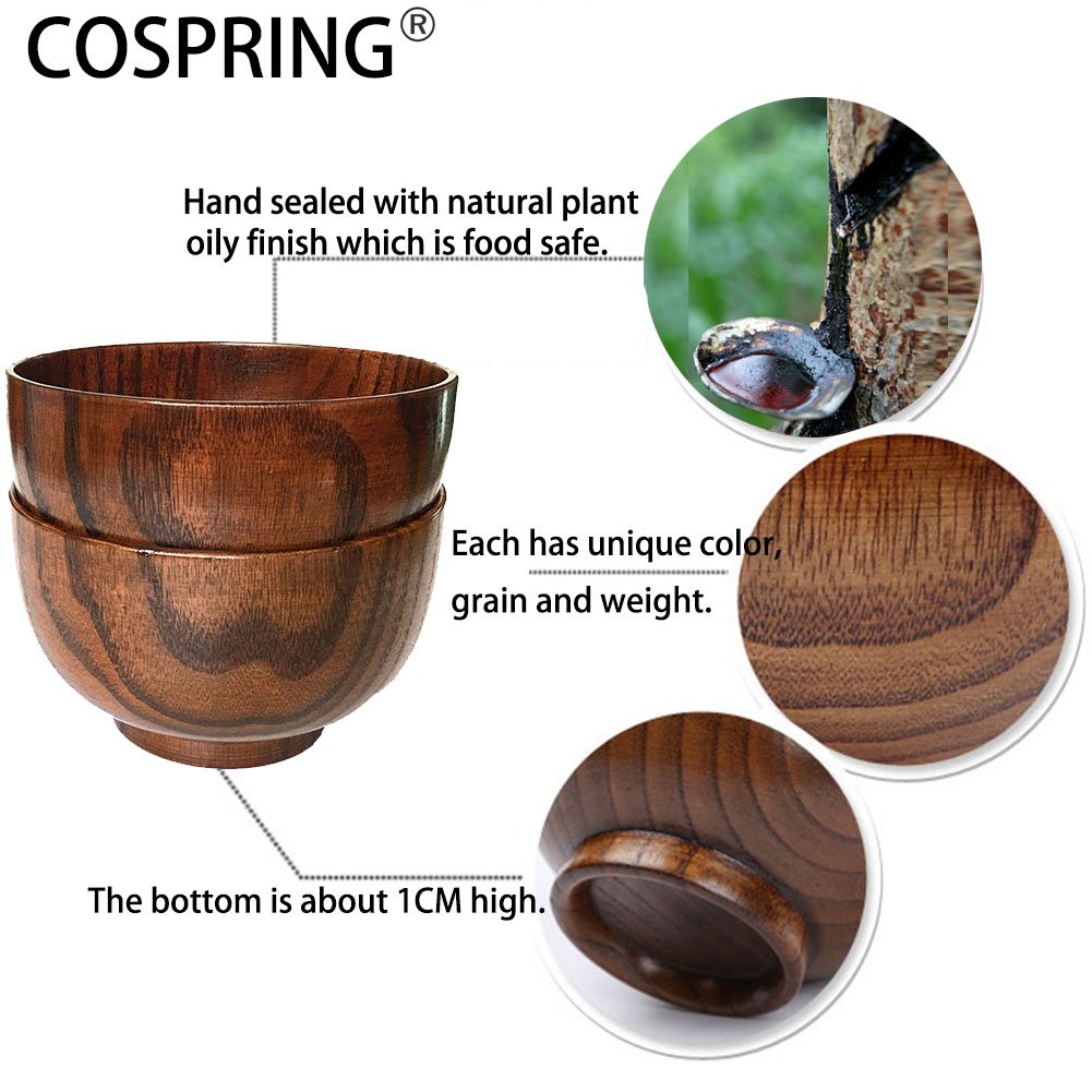 Cospring Handmade Wood Bowl, Mug, for Rice, Soup, Dip, Coffee, Tea, Decoration (4PCS Jujube Bowls, M: 4.5'' Dia x 2.6'' High)