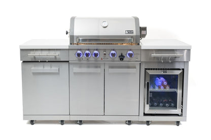 Mont Alpi MA957FC-RS 5-Burner 63000 BTU Stainless Steel Compact Outdoor Kitchen Gas Barbecue Island Grill with Infrared Rear Burner + Fridge Cabinet + Rotisserie Kit & Full Weather Cover