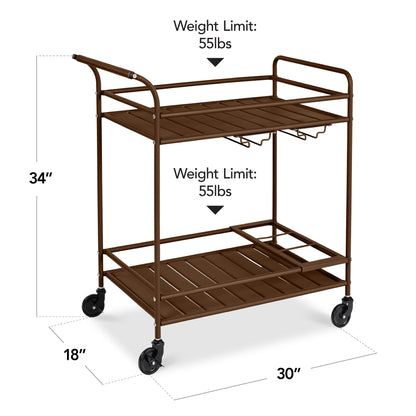 Best Choice Products Outdoor Mobile Patio Bar Cart, Home Bar Serving Cart, BBQ Side Table w/ 2 Tier Storage, Wine Rack, Lockable Wheels - Brown