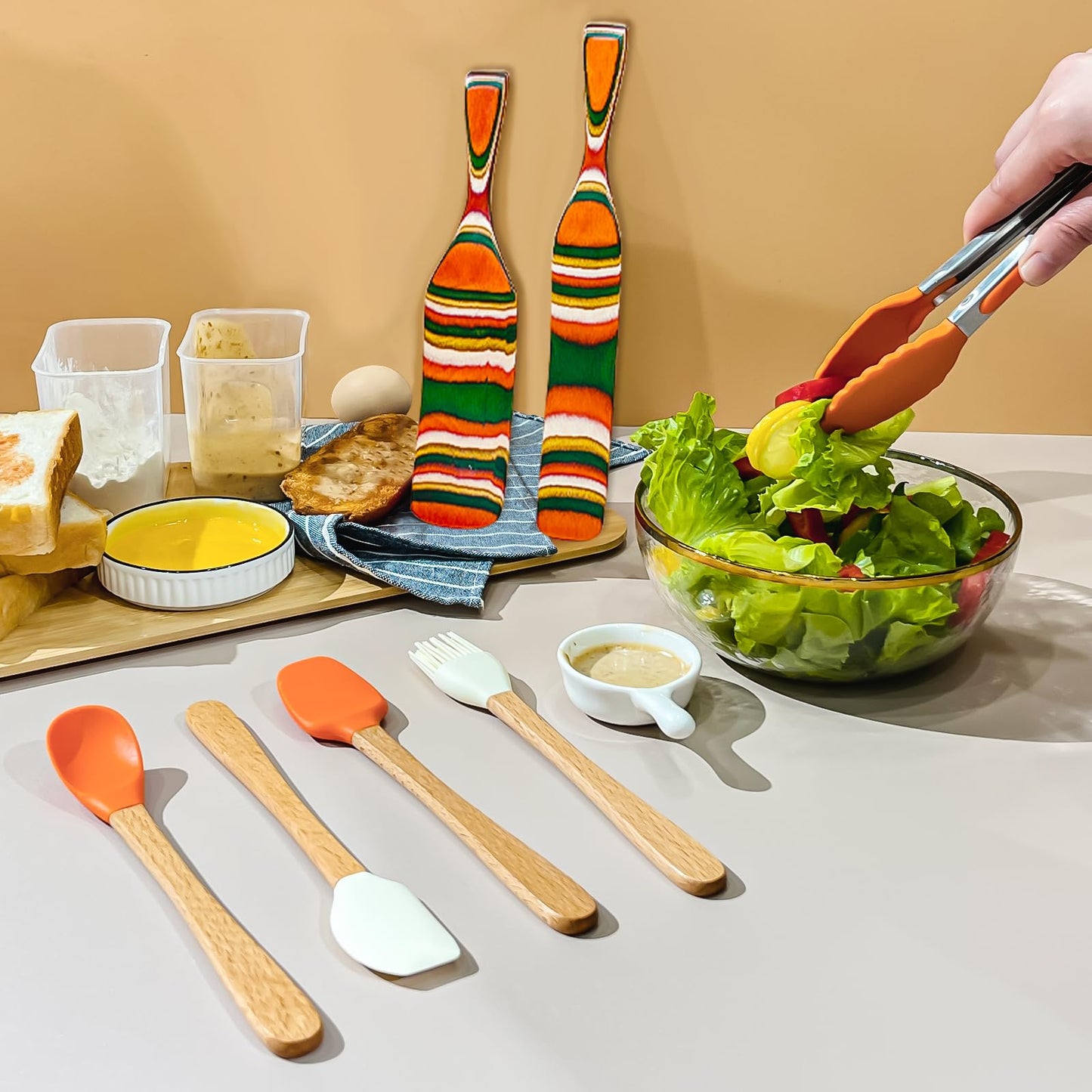 Kitchen Utensils Set,8PCS Spurtles Kitchen Tools,Pakkawood Spurtle Set,wooden Handle silicone Cooking Utensils Set,with Whisk,Brush,Tongs, Spoon Spatula,Silicone spoon