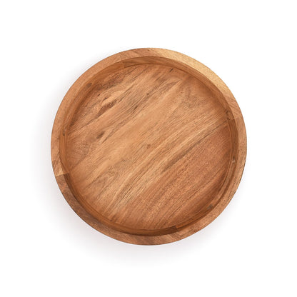 Samhita Round Serving Acacia Wooden Tray with Handles for Serving Beverages & Food on Bar Living Room Home Dining Table (12" x 12" x 1.6")