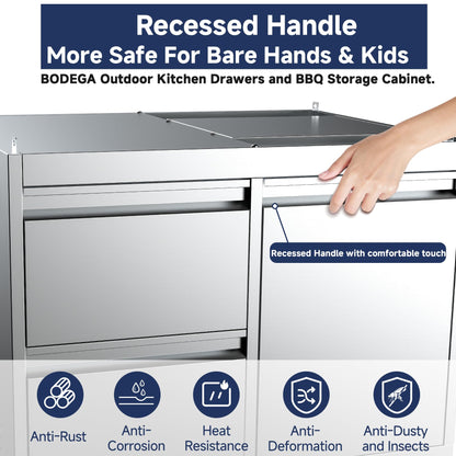 BODEGA Stainless Steel Outdoor Kitchen Drawer Cabinet for Built-in BBQ Grill with 2 Drawers and Propane Tank Storage,Outdoor kitchen storage perfect for Outdoor Kitchen BBQ Island.For all weather use.