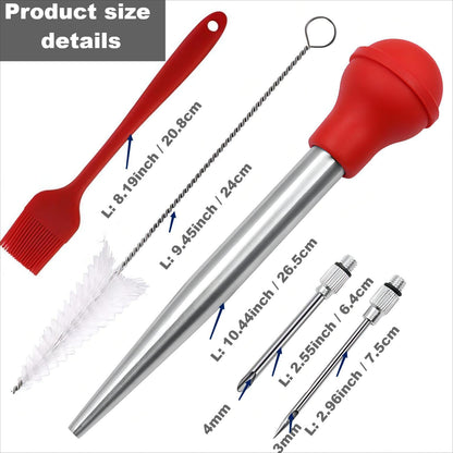 Kalsreui Turkey Baster, 18/8 Stainless Steel Turkey Baster Syringe for Cooking, Meat Injector Baster Set with 2 Needles & 2 Cleaning Basting Brush, Baster for Flavor Meat Poultry, Beef&Chicken Red