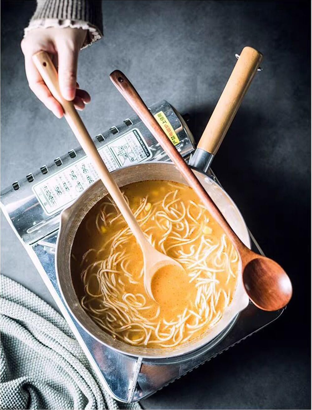 Wood Cooking spoon, 2PCS 13 inches Long Handle Spoons for Mixing,Tasting Stirring food, Large Wooden Cooking Utensils for Cooking and Crafts(Nanmu)