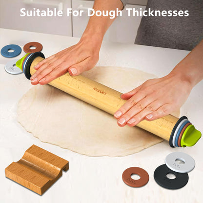 Aguegro Rolling Pin with Thickness Ring, Rolling Pin for Baking, Fondant, Pizza, Crust, Cookies, Pastry Dough Thickness, 13.6” Wooden Rolling Pin with 4 Multi-Color Thickness Rings and Wooden Base