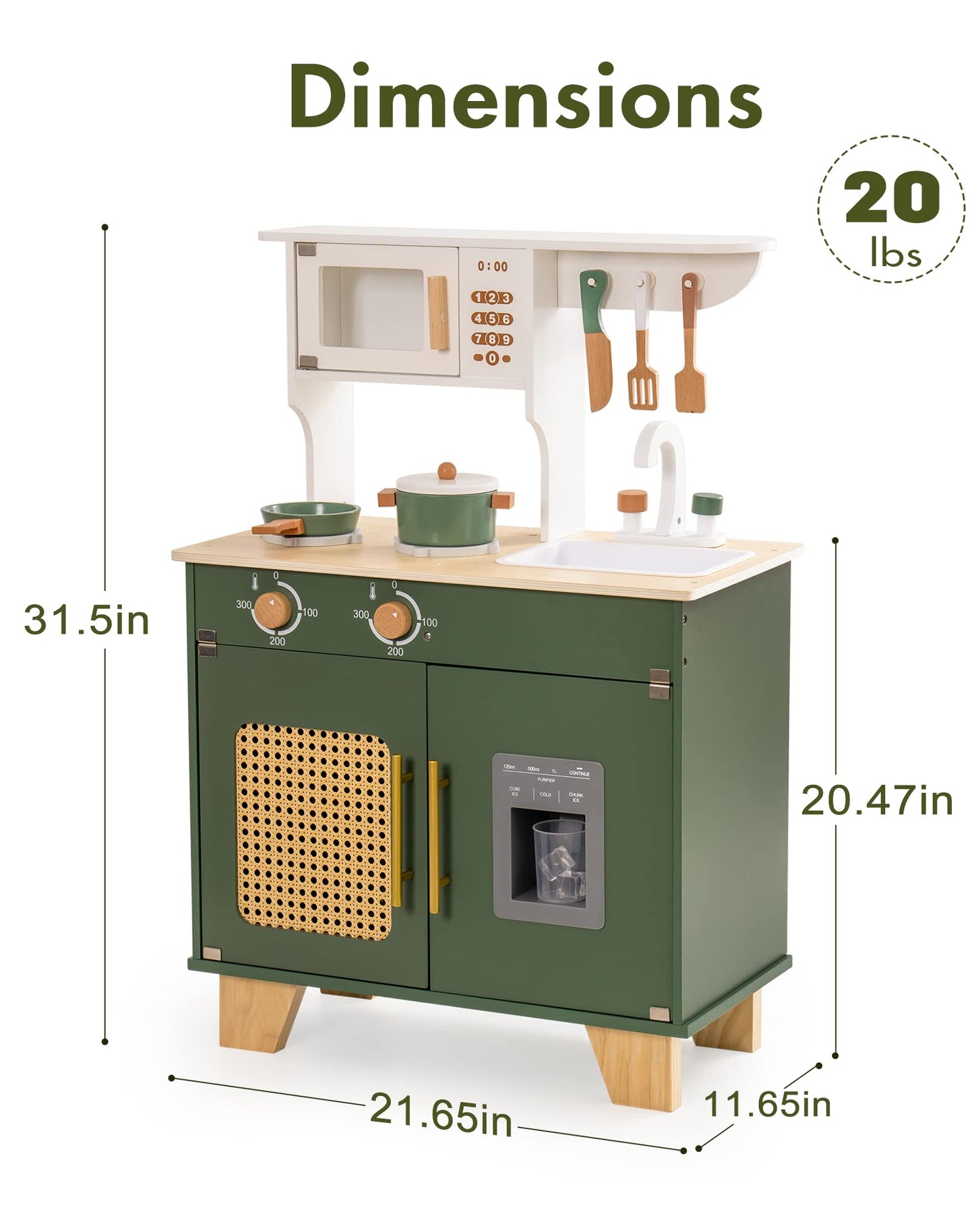 ROBOTIME Play Kitchen with Pretend Ice Cube Dispenser for Toddler, Wooden Kids Kitchen Play Set, Toy Kitchen Set for Kids Age 3 4 5 6 7 (Vintage Green)