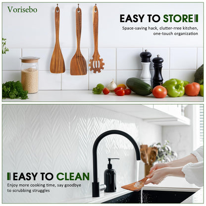 Vorisebo Wood Spoons for Cooking, Natural Teak Wooden Utensils Set, 10 Piece Handmade Wooden Utensil Set with Holder and Spoon, Durable Nonstick Kitchen Cookware Tool