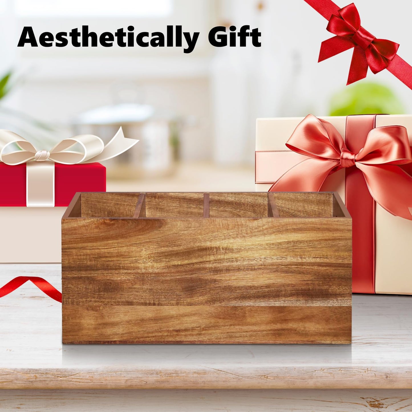 Guijinga Extra Large Kitchen Utensil Holder with 4 Compartments，Acacia Wood Utensil Holder Counter，Suitable for Kitchen Countertops to Store Tableware and Cooking Tools Wooden Utensil Organizer