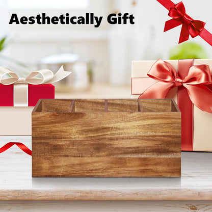 Guijinga Extra Large Kitchen Utensil Holder with 4 Compartments，Acacia Wood Utensil Holder Counter，Suitable for Kitchen Countertops to Store Tableware and Cooking Tools Wooden Utensil Organizer