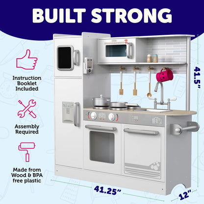 Play Kitchen - Wooden Kitchen Playset for Toddlers and Big Kids - Large Pretend Toy playset for Boys and Girls with Cooking Stove, Oven, Pots, Pans, Phone, Microwave, Fridge, Sink, Utensils - Ages 3-8