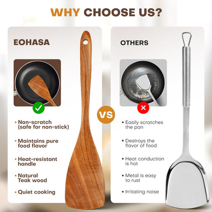 Flat Wood Spatula, EOHASA 12 inch Non Toxic Wooden Spatula for Cooking, Handcrafted Teak Wood Curved Turner Spurtle for Non Stick Pan, Safe Long Handle Cooking Utensils - Scraper for Kitchen Use