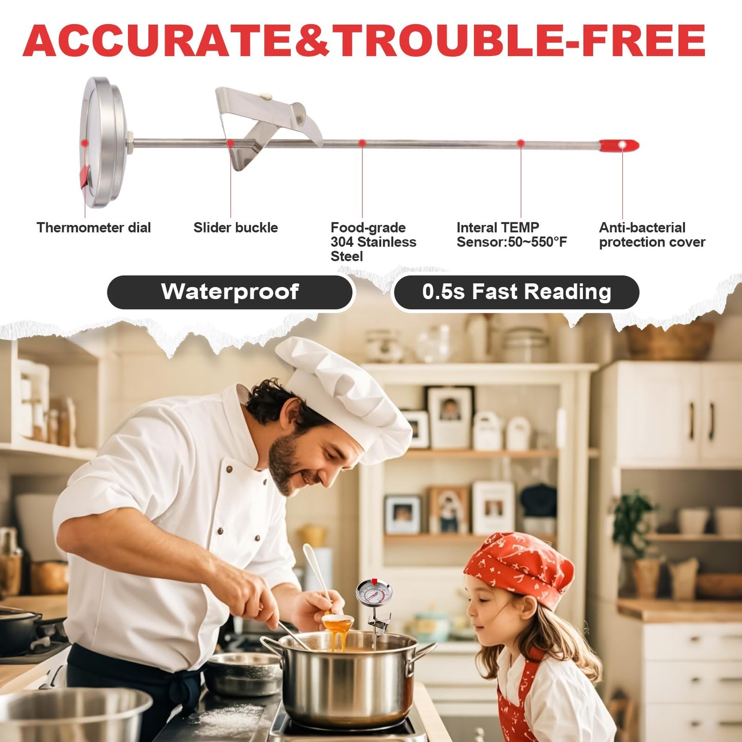 Telead Candy Thermometer Waterproof - Oil Thermometer for Frying with Clips - 9" Side of Pot Thermometer Deep Fry for Oil Candy Candle BBQ - Silver