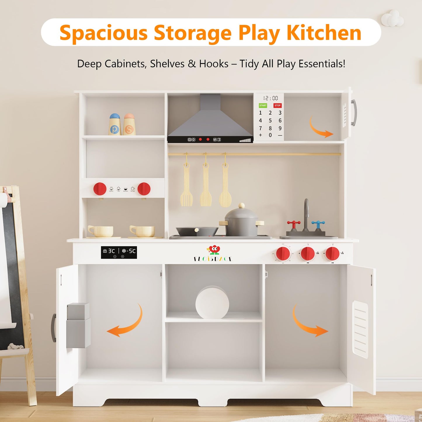 Large Wooden Play Kitchen for Kids - Realistic Kitchen Playset with Interactive Appliances & Storage - Hood, Microwave, Coffee Maker & Full Utensil Set - Gift for Boys & Girls Ages 3+