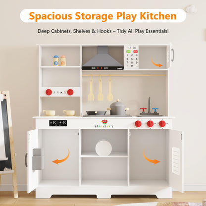 Large Wooden Play Kitchen for Kids - Realistic Kitchen Playset with Interactive Appliances & Storage - Hood, Microwave, Coffee Maker & Full Utensil Set - Gift for Boys & Girls Ages 3+