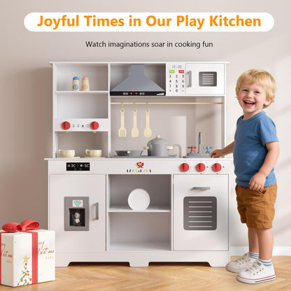 Large Wooden Play Kitchen for Kids - Realistic Kitchen Playset with Interactive Appliances & Storage - Hood, Microwave, Coffee Maker & Full Utensil Set - Gift for Boys & Girls Ages 3+