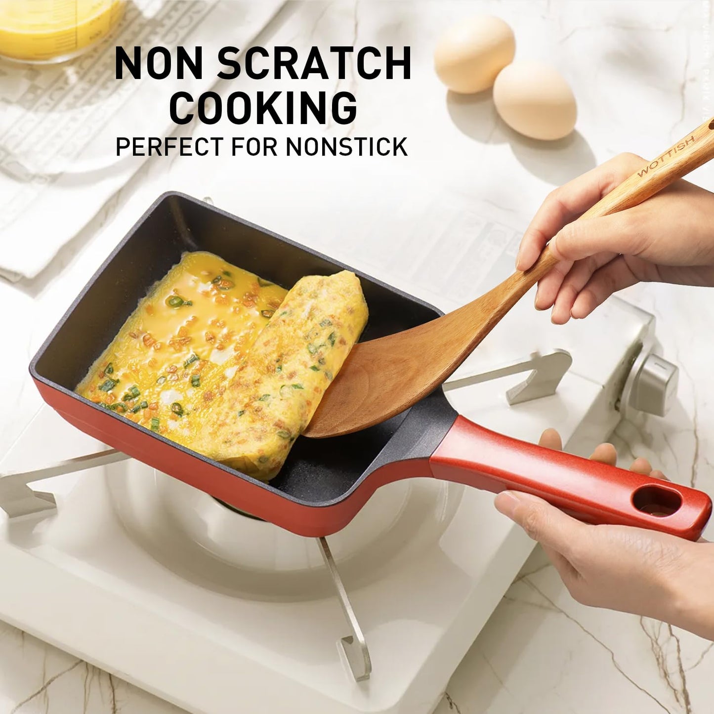 WOTTISH Wooden Spoons for Cooking - 5-Piece Wooden Kitchen Utensil Set made of Natural Solid Wood Material - Includes Salad Spoons, Spaghetti Spoon, Salad Fork, Flat Spatula,Slotted Spatula(A05)