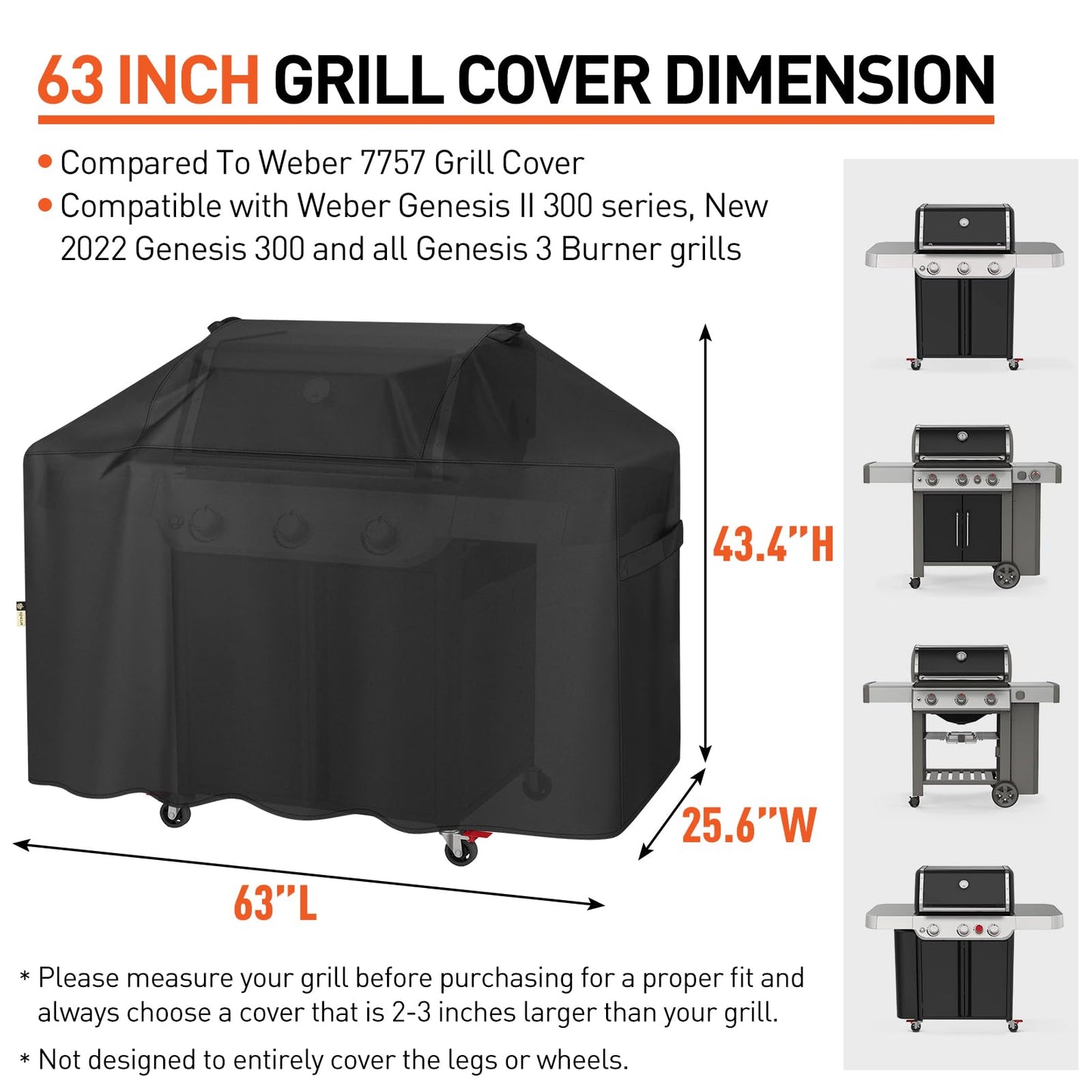 Arcedo Grill Cover 63 Inch Compatible with Weber Genesis 300 Series and New 2022 Genesis 300 Grill, Waterproof Heavy Duty Outdoor Fade Resistant Barbecue Cover, Compared to 7757
