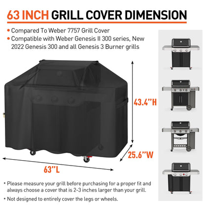 Arcedo Grill Cover 63 Inch Compatible with Weber Genesis 300 Series and New 2022 Genesis 300 Grill, Waterproof Heavy Duty Outdoor Fade Resistant Barbecue Cover, Compared to 7757