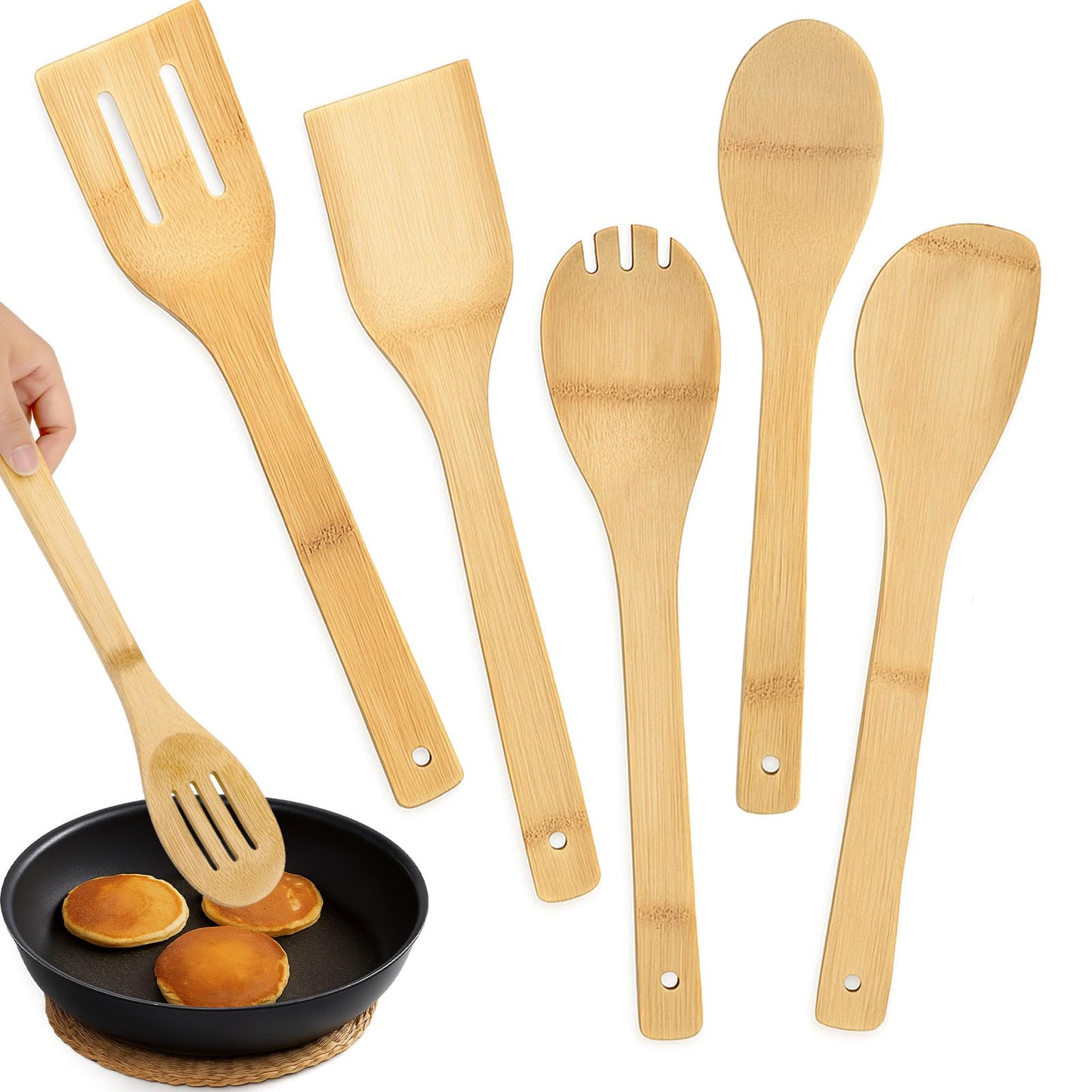 HAKSEN Bamboo Wooden Spoons for Cooking 6-Piece, Nonstick Bamboo Kitchen Utensils Set Wood Spatulas Spoons for Daily Use, Housewarming Gifts